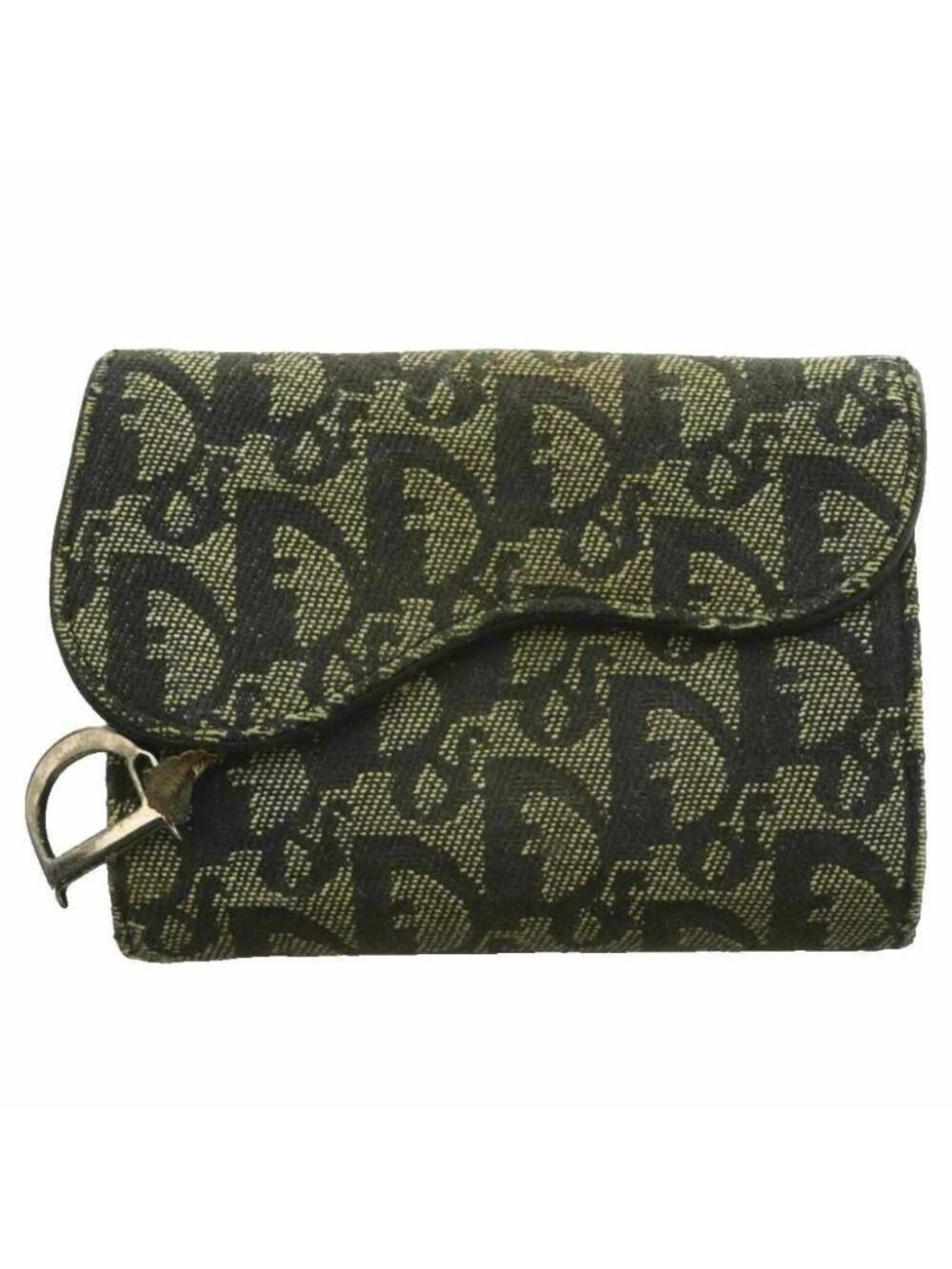 Dior D Logo Charm Saddle Compact Wallet Bifold Trotter Pattern Canvas Leather